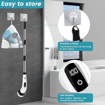 Electric Spin Scrubber, Full Body Waterproof Cordless Cleaning Brush with 7 Replaceable Brush Heads Power Scrubber Shower Adjustable & Detachable Handle for Bathroom, Tub, Tile, Floor, Car
