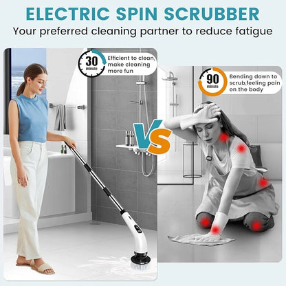 Electric Spin Scrubber, Full Body Waterproof Cordless Cleaning Brush with 7 Replaceable Brush Heads Power Scrubber Shower Adjustable & Detachable Handle for Bathroom, Tub, Tile, Floor, Car
