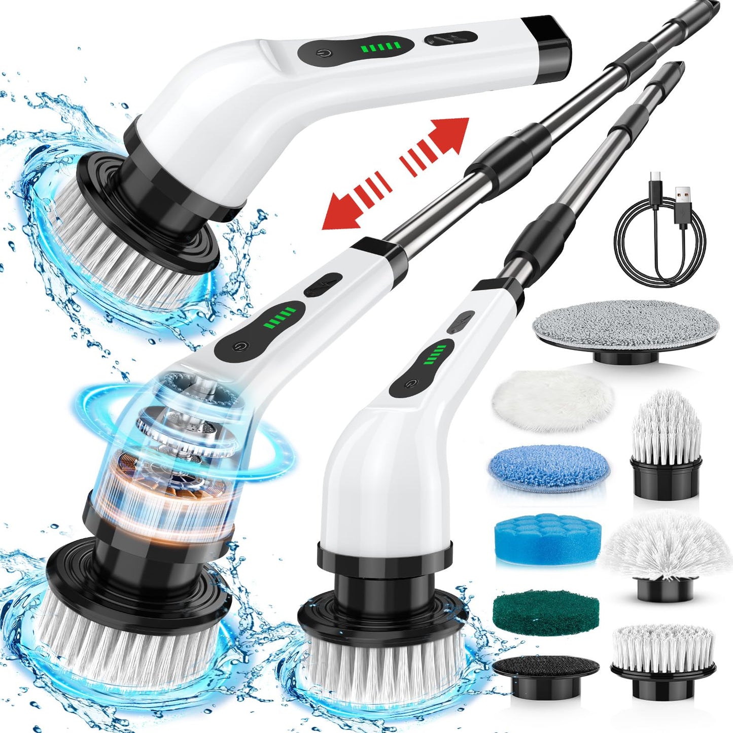 Electric Spin Scrubber, Full Body Waterproof Cordless Cleaning Brush with 7 Replaceable Brush Heads Power Scrubber Shower Adjustable & Detachable Handle for Bathroom, Tub, Tile, Floor, Car