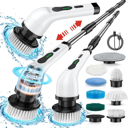 Electric Spin Scrubber, Full Body Waterproof Cordless Cleaning Brush with 7 Replaceable Brush Heads Power Scrubber Shower Adjustable & Detachable Handle for Bathroom, Tub, Tile, Floor, Car