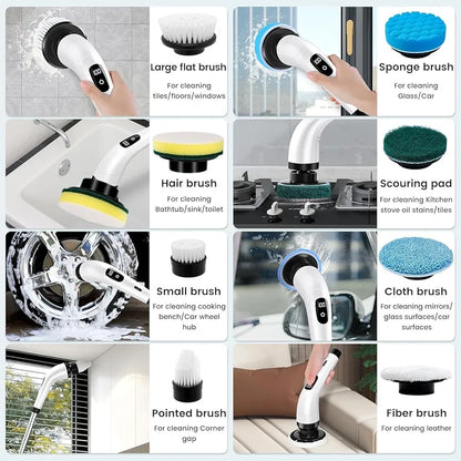 Electric Spin Scrubber, Full Body Waterproof Cordless Cleaning Brush with 7 Replaceable Brush Heads Power Scrubber Shower Adjustable & Detachable Handle for Bathroom, Tub, Tile, Floor, Car